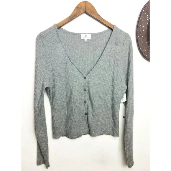 Socialite Womens Size Large Cardigan Top Button Front Ribbed Cropped Gray - Picture 1 of 4